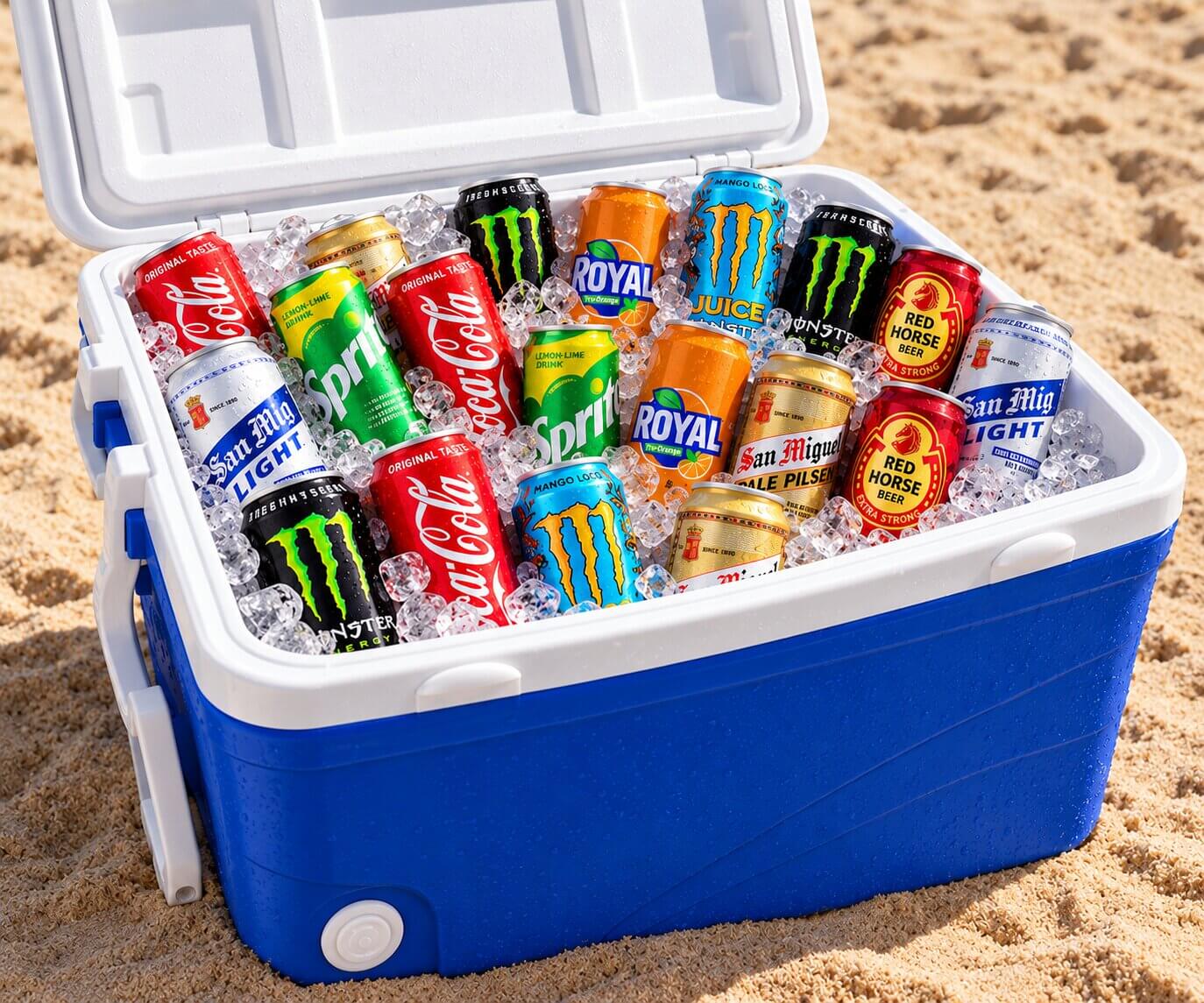 Icebox filled with chilled San Miguel beers, sodas and energy drinks on the sand