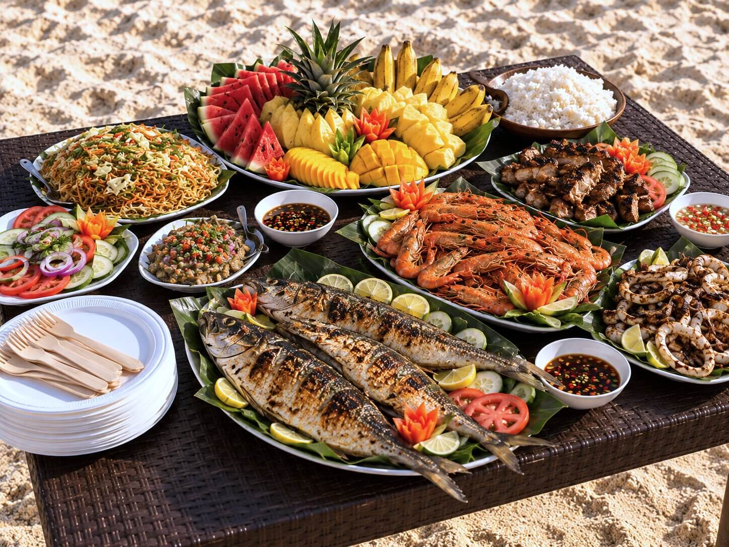 Fresh Filipino island buffet of grilled fish, prawns, squid and tropical fruit on the beach